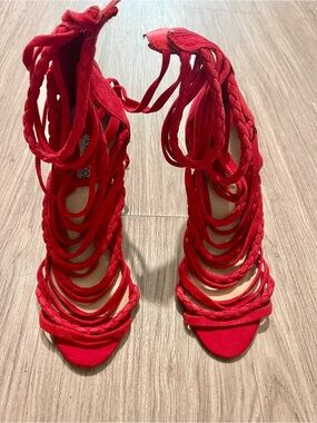 Steve Madden Drexel Heels 6M bright red suede and leather braided lace up straps